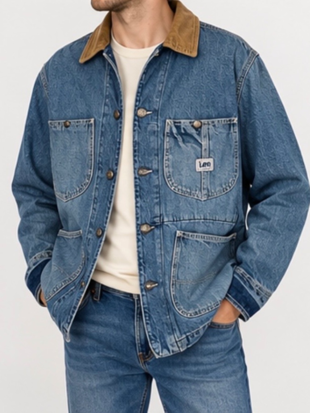 Lee Workwear Denim Chore Coat Jacket Mens L Blue Corduroy Collar 4 Pocket 1889